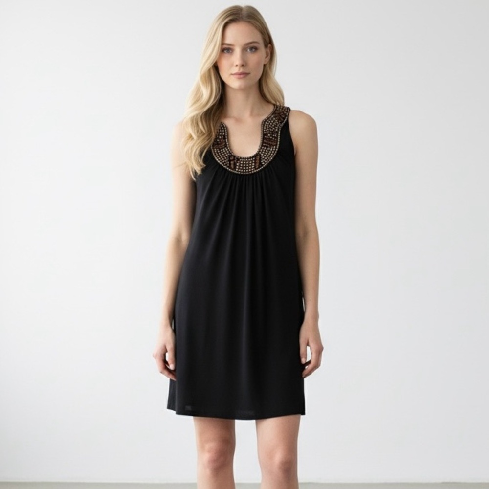 Laundry By Shelli Segal Bead Embellished Sleeveless Black Shaft Dress
